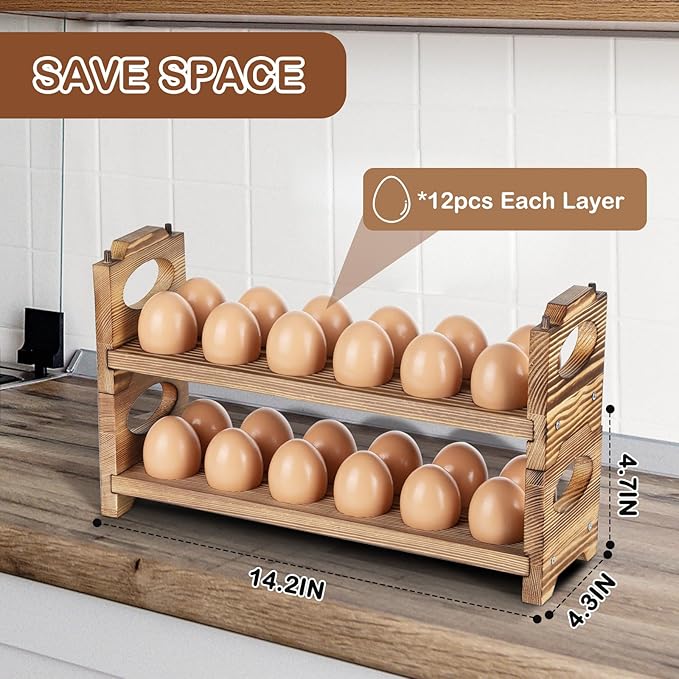 AOOHOOA Wooden Egg Holder with 4 Layers/48-Hole, Stackable Wood Egg Rack Countertop with Handle, Stores Chicken/Duck/Quail/Turkey/Easter Eggs