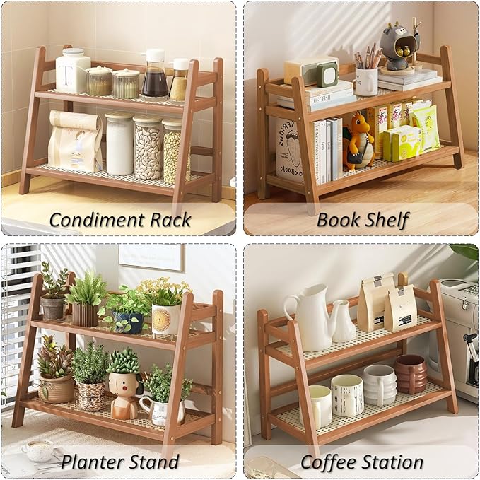 Household 2-Tier Cup Shelf Organizer, Kitchen Counter Shelf for Tea Coffee Bar Accessories, Bamboo Mug Holder Countertop, Matcha Stand, Cup Display, Condiment Storage Rack - Brown