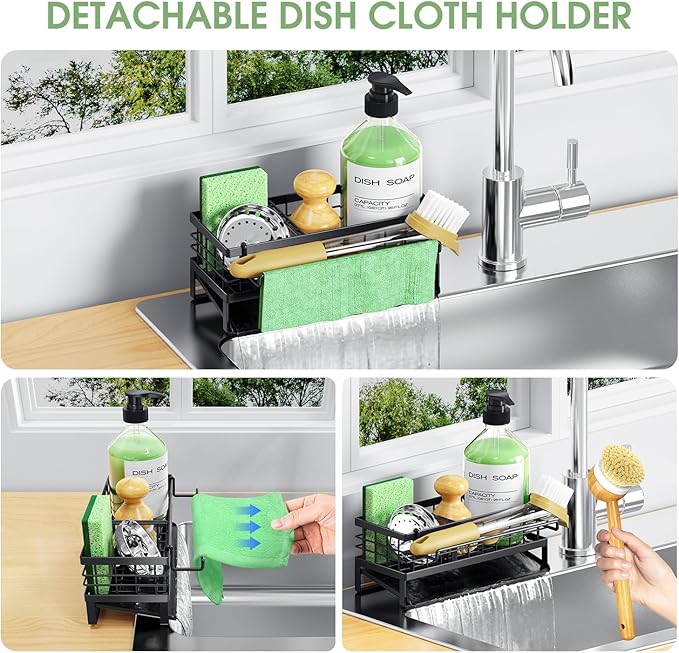 Self-Draining Kitchen Sink Caddy, Rustproof Non-Slip Sponge Holder with Detachable Dish Cloth Holder (Black)