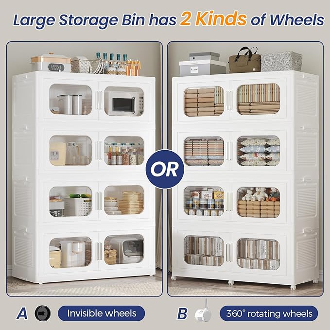 150Gal Extra Large Stackable Storage Bins with Lid & Wheels & Doors, 200QT/50GAL 3-Tiers Collapsible Closet Organizers Plastic Containers Drawers Boxes for Home Kitchen Bedroom, White