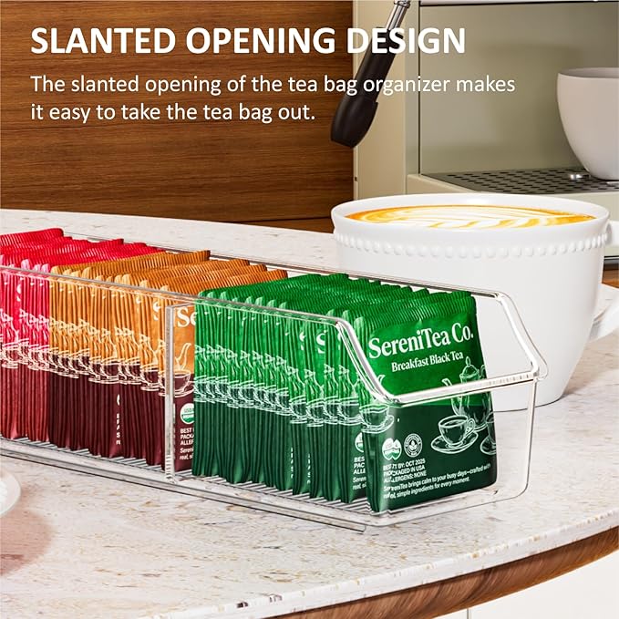 Tea Bag Organizer, Holder Box Storage Bin, Clear Tea Packet Plastic Drawer, Sugar Packet, Coffee, Condiment, Spice Bag Holder for Kitchen Cabinet, Countertop, Fridge - 2Pack