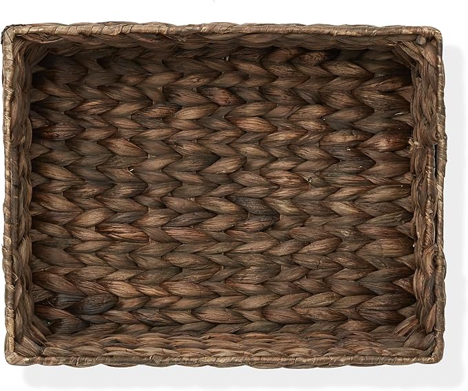 Casafield Set of 4 Water Hyacinth Pantry Baskets, 10" x 13" x 5", with Chalkboard Labels and Chalk Marker - Espresso, Woven Storage Bin Organizers for Kitchen Shelves