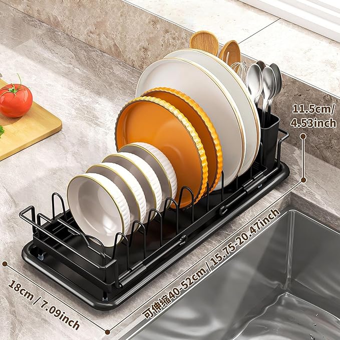 Dish Drying Rack, Retractable Sink Drainer, Adjustable Non Slip Organizer for Kitchen Counters Apartment RV Farmhouse Use Holding Pots Pans Utensils, Space Saving Design for Daily Cleaning