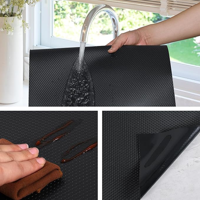 Shelf Liners for Kitchen Cabinets Non Adhesive Drawer Liner for Bathroom Waterproof Refrigerator Liners for Shelves Fridge Plastic Mats Cabinet Cupboard Liner Black 11.8 x 236.2 Inches