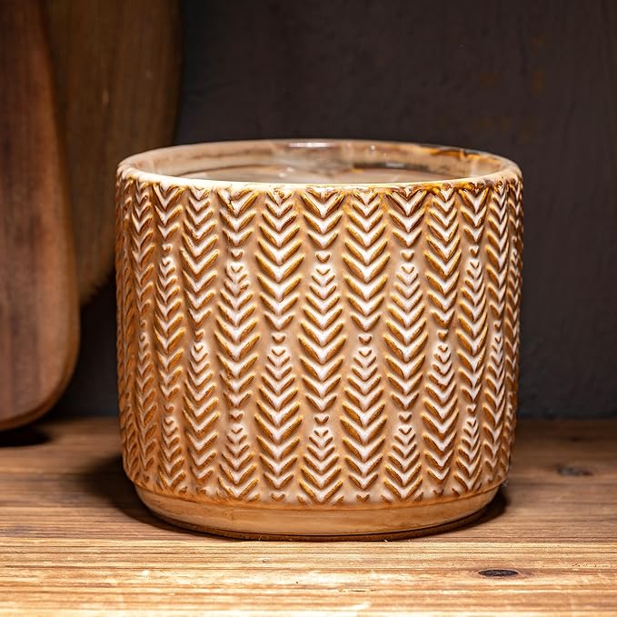 5.3-Inch Ceramic Utensil Crock Utensil Holder Countertop, Embossed Ceramic Storage Canister - with Non-Slip Cork Base, Rustic Farmhouse Multi-Purpose Desktop Organizer, Kitchen Decor(Wheat Brown)