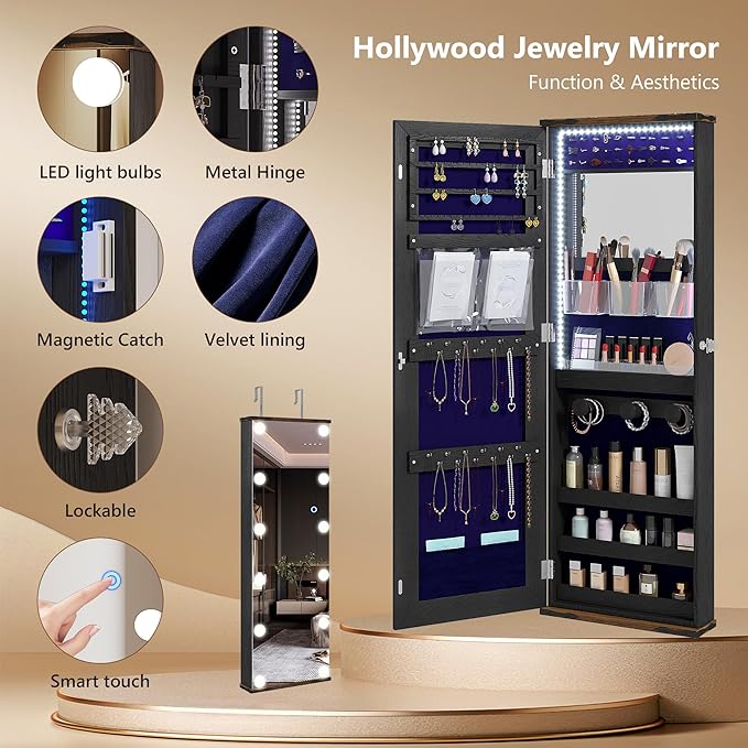 Over the Door Jewelry Organizer, 12 Hollywood Bulbs Hanging Jewelry Armoire with Full Length Mirror, 43.5" Lockable Large Storage Jewelry Cabinet for Girls/Women, (Wood grain black)