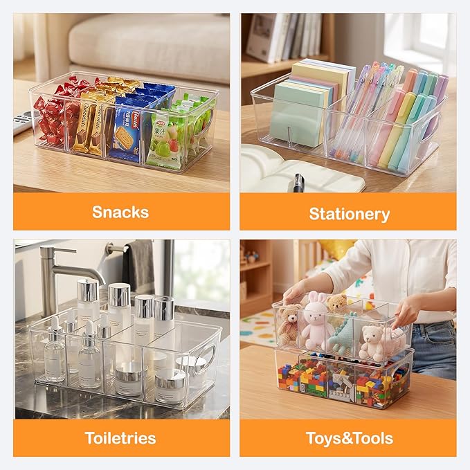 Clear Plastic Storage Bins, 2 Pack Pantry Organizers and Storage Bins with Handle and Removable Dividers for Kitchen, Office, Closet, Cabinet, Laundry Room, Freezer, Bathroom & Home organization