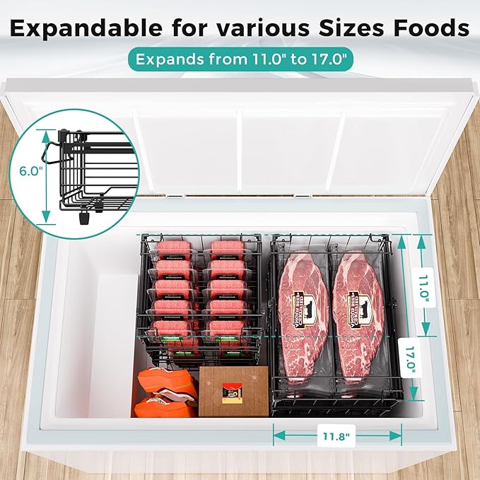 OPENICE Deep Freezer Organizer Bins, Expandable from 11.0" to 17.0" Stackable Freezer Baskets for Chest Freezer with 5 Tags, Bins for Chest Freezer Organization - 4 PCS, Black