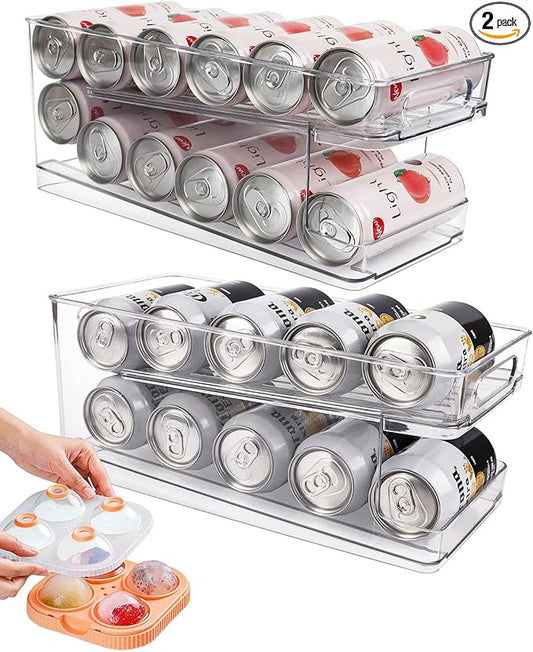 2 Pack Rolling Soda Can Dispenser for Refrigerator with 1 Pack Ice Ball Maker, Pantry Organization and Storage 2-Layer Beverage Holder for Fridge, Clear