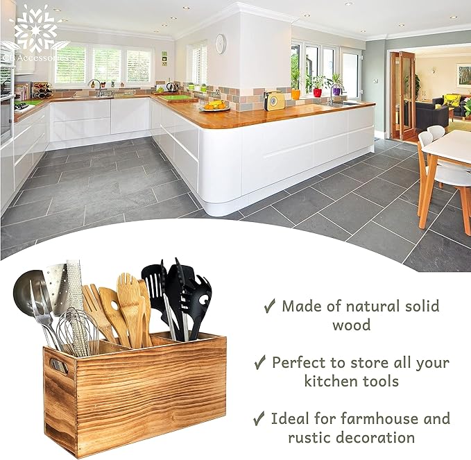 Wood Utensil Holder Organizer for Counter - Large Wooden Utensil Caddy for Countertop - 3 Compartment Cooking Tool Storage for Spatula - Farmhouse Kitchen Decor and Accessories