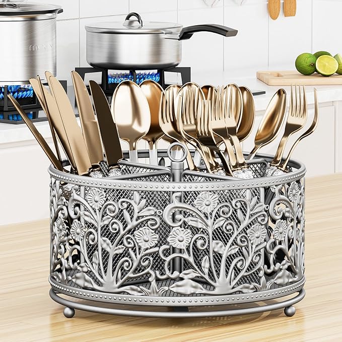 360° Rotating Utensil Caddy - Silverware Cutlery Caddy Holder with 4 Compartment, Metal Flatware Organizer Countertop with Handle for Party Camping Picnic, Kitchen Counter, Office (Silver)