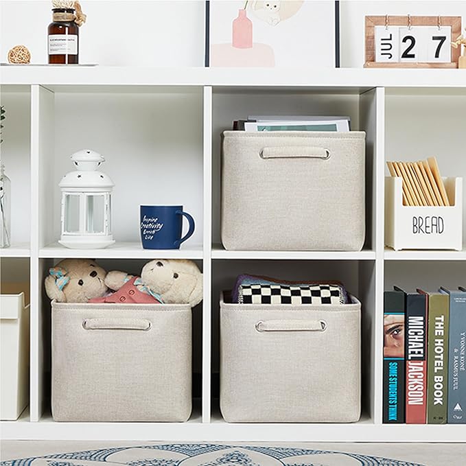 HNZIGE Large Fabric Storage Baskets for Storage 3 Pack Shelf Closet Storage Bins Baskets for Organizing Linen Cloth Decorative Baskets Organizers Home Nursery Toy Cream 15“ x 11” x 9“