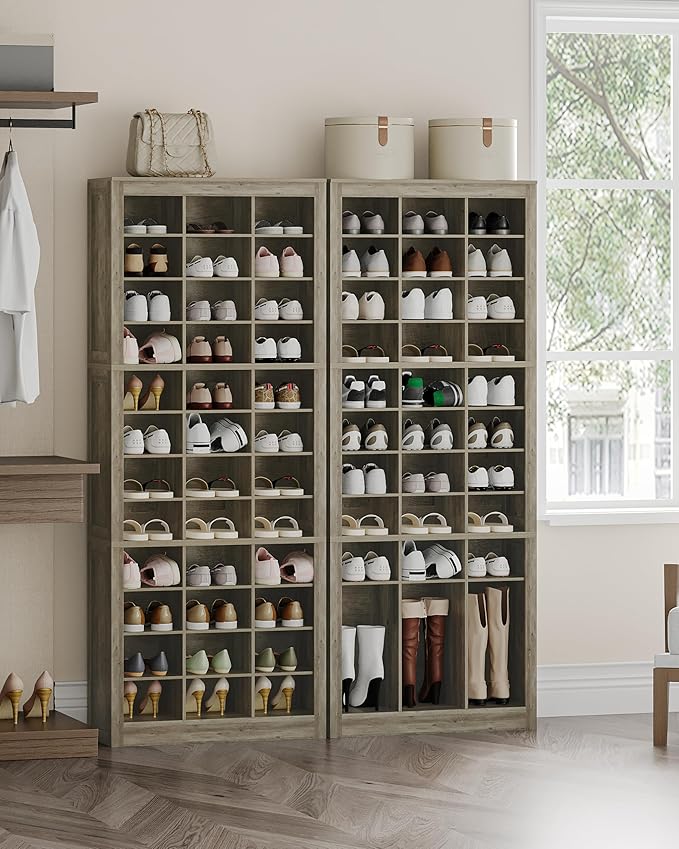 Shoe Storage Cabinet, 36 Pairs Free Standing Closet Organizer, 8.8 inch Widened Cell Wood Shoe Organizer, 12 Tiers Vertical Space Saving Shoe Rack for Entryway, Cloakroom, Greige SR20705B