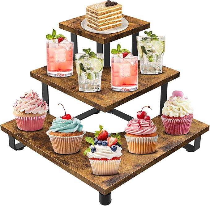 ELITEROO 3-Step Tiered Corner Display Shelves, Portable Wooden Retail Cupcake Food Stand Display Table, Collectibles Riser Tower Stand, Vendors Display Shelf Rack, Farmers Market Counter Top Risers