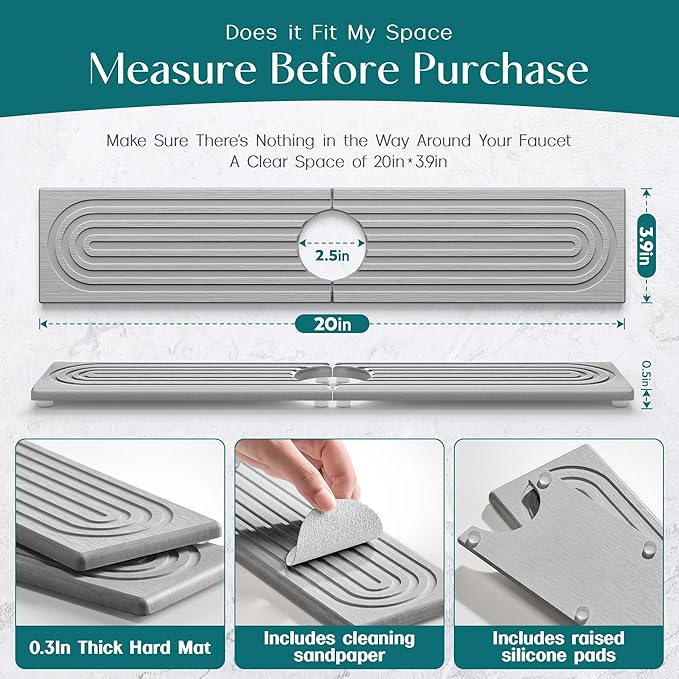 eormoe Faucet Mat for Kitchen Sink - Diatomaceous Earth Faucet Splash Guard, Fast Drying Sink Protector - Water Absorbing Stone for Bathroom Sink (Grey, 20'' x 3.9'')