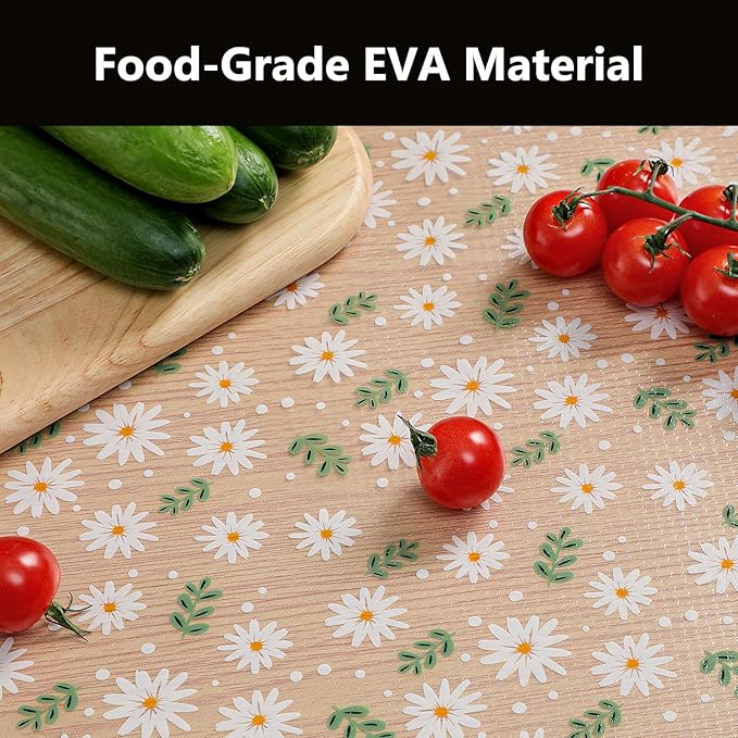 INNOLITES Shelf Liner for Cabinets, 17.7" x 197" Non-Adhesive for Kitchen Drawer Liner, Waterproof Shelf Paper with Floral Pattern, Durable Easy to Clean (Green Daisy)
