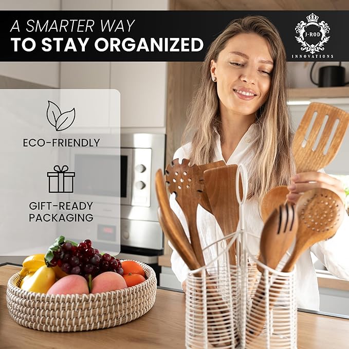 Rotating Utensil Holder with 3 Compartments & Cork Bottom – Premium Matte White Metal + 9-Piece Acacia Wood Kitchen Utensil Set – Countertop Organizer for Cooking Tools, Housewarming & Holiday Gifts