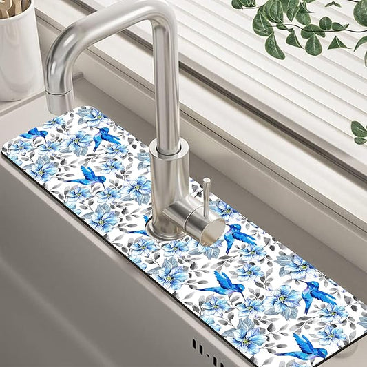 Kitchen Sink Splash Guard Faucet Mat Blue Floral and Hummingbird Absorbent Fast Drying Mat Faucet Draining Mat Sink Splash Guard Behind Faucet Drip Catcher for Kitchen Bathroom 24" X 5.5"