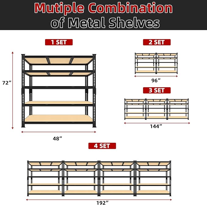 Heavy Duty Metal Storage Shelves - 48" W x 24" D x 72" H 5 Tier Adjustable Garage Shelving Unit, Industrial Utility Rack Shelf for Warehouse, Pantry, Kitchen, Black, 2 PCS