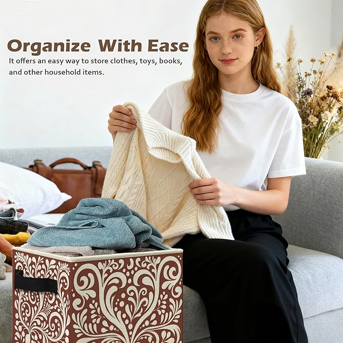Vintage Reddish Brown Abstract Floral Storage Box Bins, Boho Classical Art Nouveau Deco Flower Collapsible Storage Basket Organizer for Bedroom Laundry Room Home Clothes Toys Books