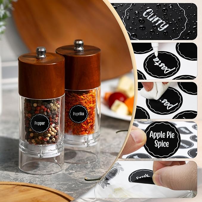144pcs 1.5 Inch Preprinted Round Spice Jar Labels, Chalkboard Waterproof Oil Resistant, Kitchen Pantry Organization (Including 9 Blank Labels)