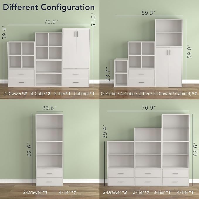 Homes: Inside + Out Apexa 4-Cube Storage Organizer Shelves, Stackable Wood Bookcase Fits Cubby Bins for Organization, Dorm Teen Room Decor & Home Office, White