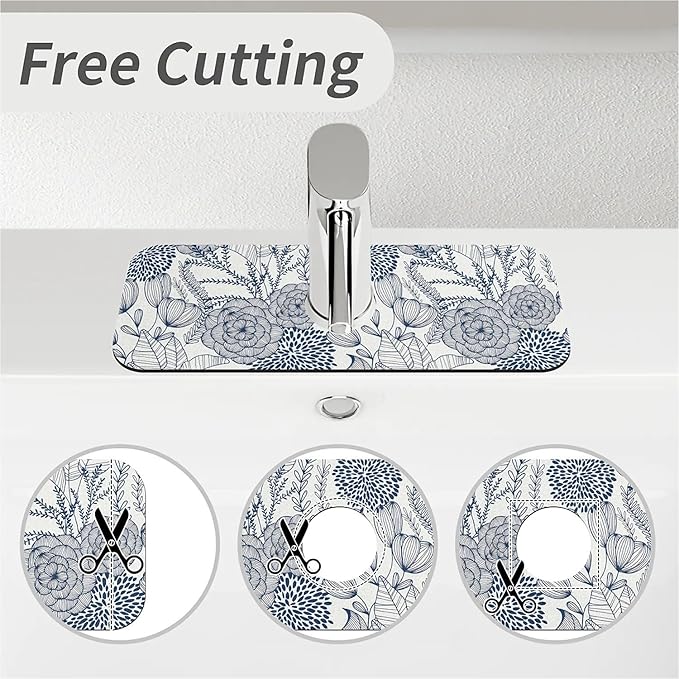 Kitchen Sink Splash Guard，Navy blue flower Faucet Mat Sink Gadgets-Super Absorbent Fast Drying Mat Drip Catcher for Kitchen, Bathroom,Sink Mat, Dish Drying Mat, Bathroom(15" X 5.5" )
