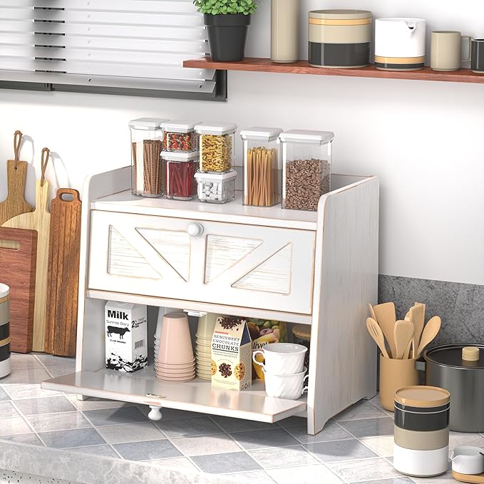 Corner Bread Box for Kitchen Countertop, Vintage Wooden Counter Organizer, Bamboo Bread Storage Bin for Homemade Bread, Small Farmhouse Corner Breadbox Container with Acrylic Window, Vintage White