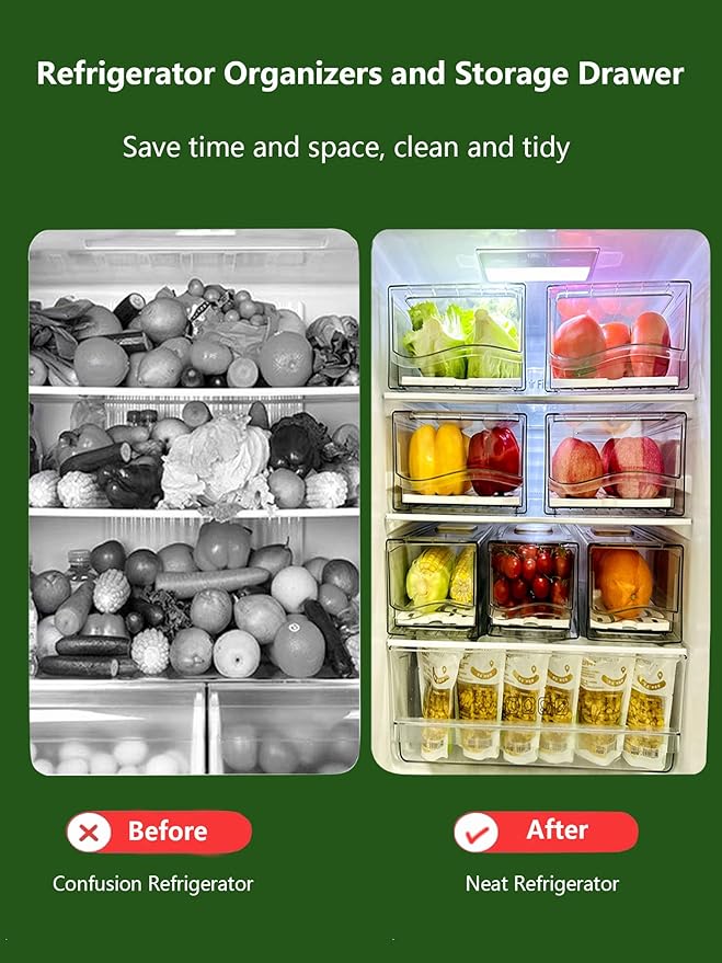 Femoliyes Refrigerator Organizers and Storage Drawer, Stackable Fruit Storage Containers for Fridge, Reusable Fridge Organizer fit for Kitchen Refrigerator and Restaurant Freezer (2 Drawers, Medium)