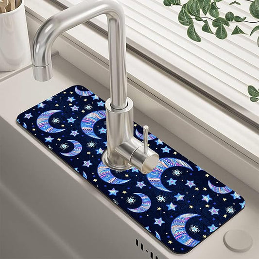 Kitchen Sink Splash Guard Faucet Mat Super Absorbent Fast Drying Mat Guard Behind Faucet Drip Catcher for Kitchen Bathroom (Blue Stars Crescent Moon, 15.5"X5.5")