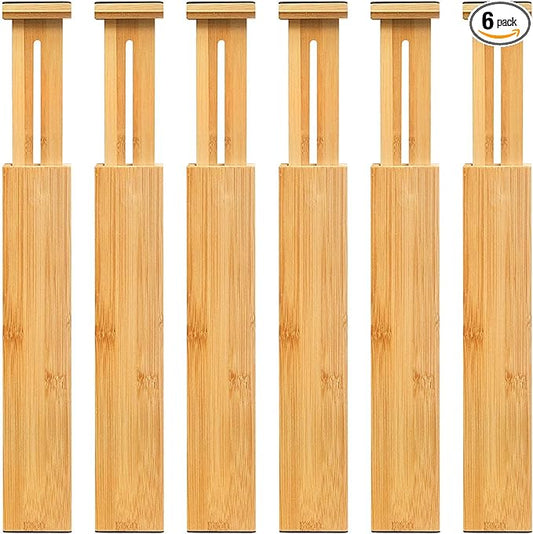 VaeFae 6-Pack Bamboo Drawer Dividers – Adjustable 14"-19.1" (Fits 15"-18" Drawers ONLY), Spring-Loaded Expandable Organizer for Kitchen, Bedroom, Office & Bathroom, MUST MEASURE Before Purchase | 6 Pack, Adjustable, Expandable, Organization