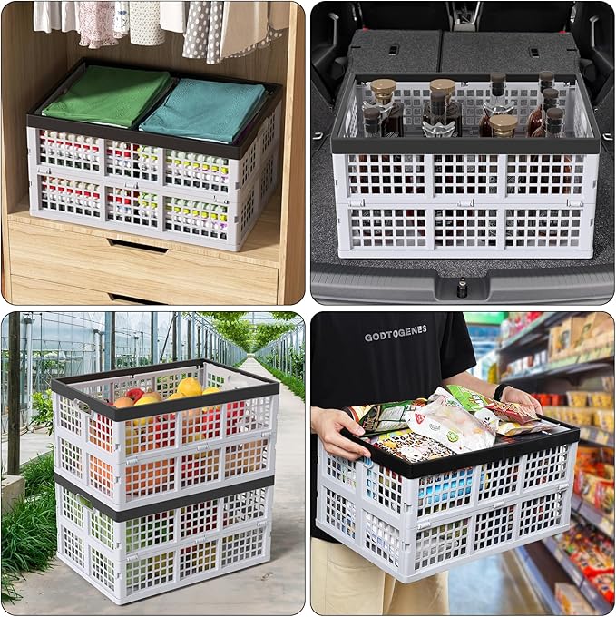 Waikhomes Pack of 3 Collapsible Storage Container Crates, Large Folding Basket Box with Handle, Grey, 42 L