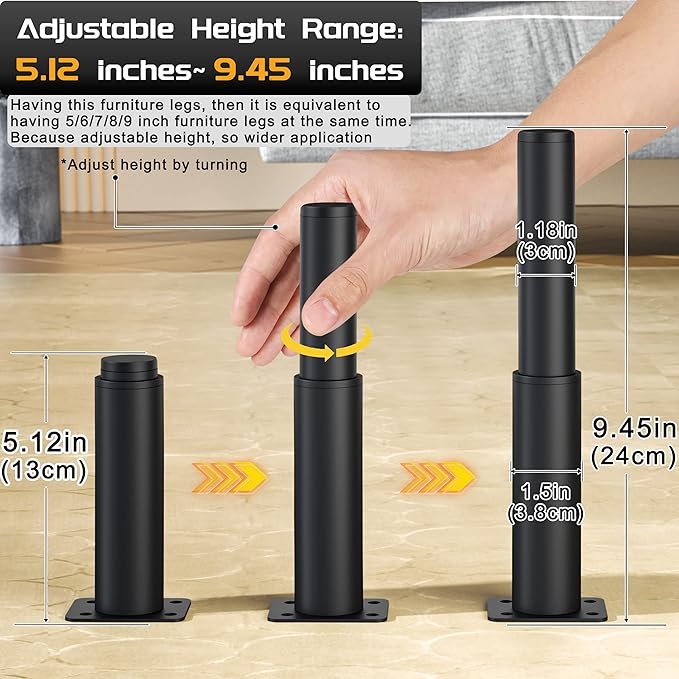 Metal Adjustable Furniture Legs 5.12-9.45 inch, Wlrrcwdttc Sofa Legs Cabinet Legs Adjustable Height Replacement Support Legs for Bed/Couch/Dresser/Chair/Coffee Table, Legs for Furniture Set of 4-Black