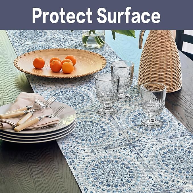 Vuacepe Drawer and Shelf Liner for Kitchen Cabinets Non-Adhesive Waterproof Boho Shelf Liner Strong Grip Non-Slip Drawer Liner Easy to Clean Blue Cabinet Liner for Shelf Dresser Cupboard 12IN × 10FT
