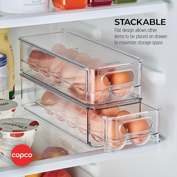 Copco Egg Storage Drawer with Removable Lid and Flat Top For Stacking and Space Saving, Holds 14 Medium, Large, XL, or Jumbo Eggs, Handle for Easy Transport, Clear
