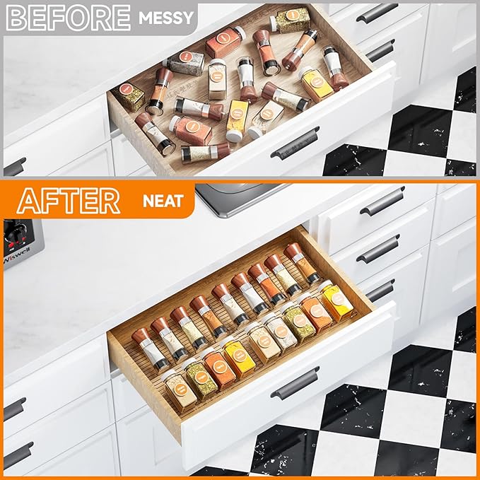 4Pcs Spice Organizer, Clear Plastic Spice Drawer Organizer Large Capacity Slanted Adjustable Seasoning Jars Storage Tray Insert for Kitchen Drawer