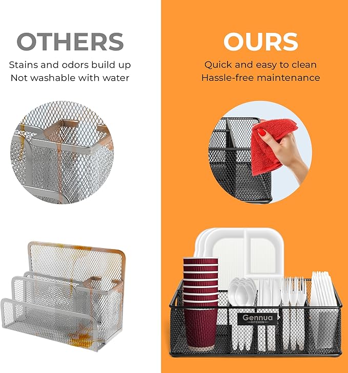 Paper Plate Organizer for Cabinet, Counter, Picnics, Parties & More, Extra Large Utensil Caddy Crafted of Thick Iron Mesh With 6 Compartments for Paper Plates & Plastic Silverware