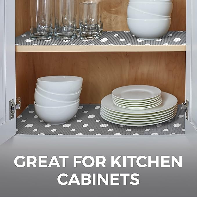 HOME GENIE Shelf Drawer and Cabinet Liner, Durable with Strong Grip, 17.5 in x 10 FT, Non Adhesive Liners Protect Kitchen Cabinets and Cupboard, Bathroom Drawers and Shelves, Desks, Dots Gray White