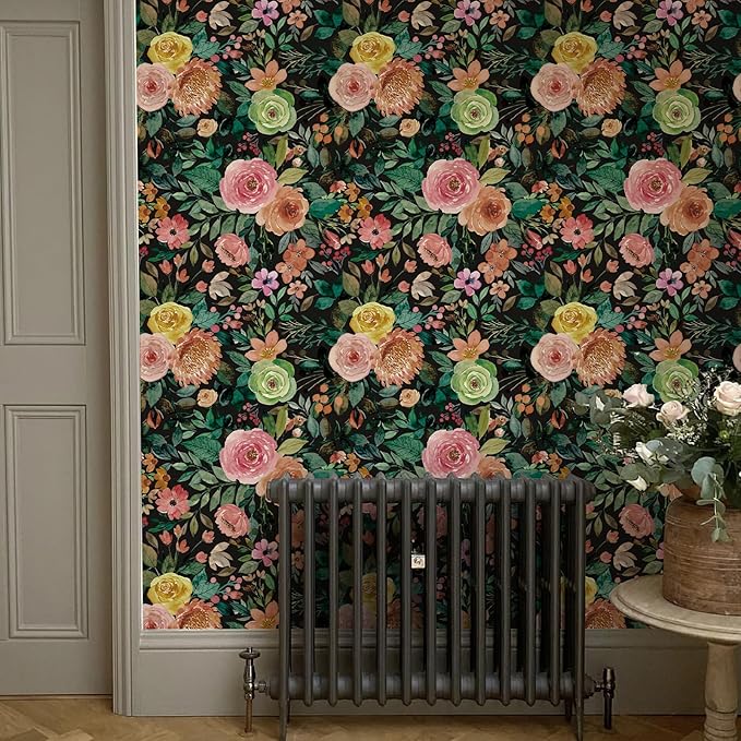 JiffDiff Floral Pattern Self-Adhesive Contact Paper, Oil and Water Resistant Drawer Liner Wallpaper for Dresser, Kitchen Cabinets, Dollhouse Walls, Arts & Crafts Decal(17.7" x 118.11",Black)