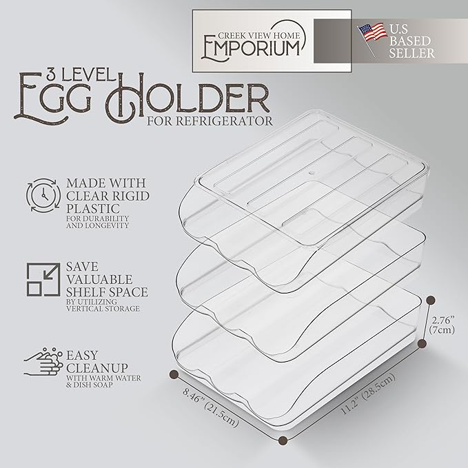 Creekview Home Emporium Egg Container for Refrigerator - Clear Stackable 3 Tier Plastic Egg Holder Drawer - 4 Dozen Capacity Farm Eggs Organization Storage Trays for Fridge or Kitchen Counter