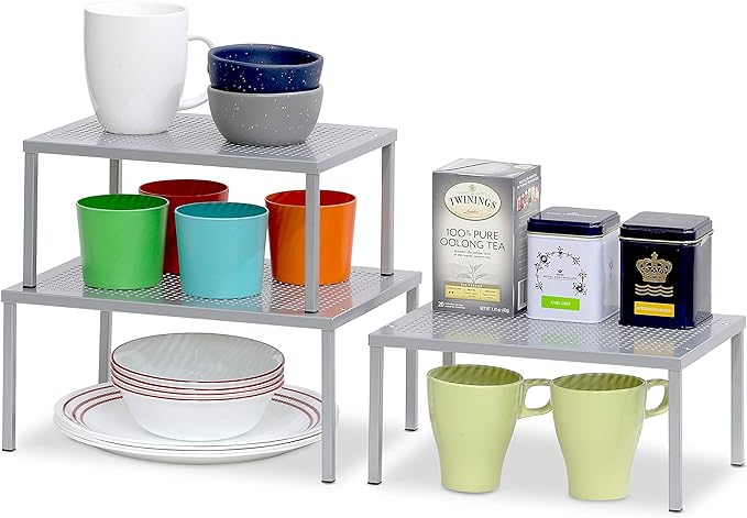 Simple Houseware Metal Top Expandable Stackable Kitchen Cabinet and Counter Shelf Organizer, Silver