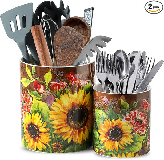 7"+5.3" Oil Painting Sunflower Utensil Holder,Large Kitchen Utensil Holder Organizer,Stable Utensil Crock Spatula Holder for Kitchen Counter Countertop Farmhouse Cooking Tools Holder
