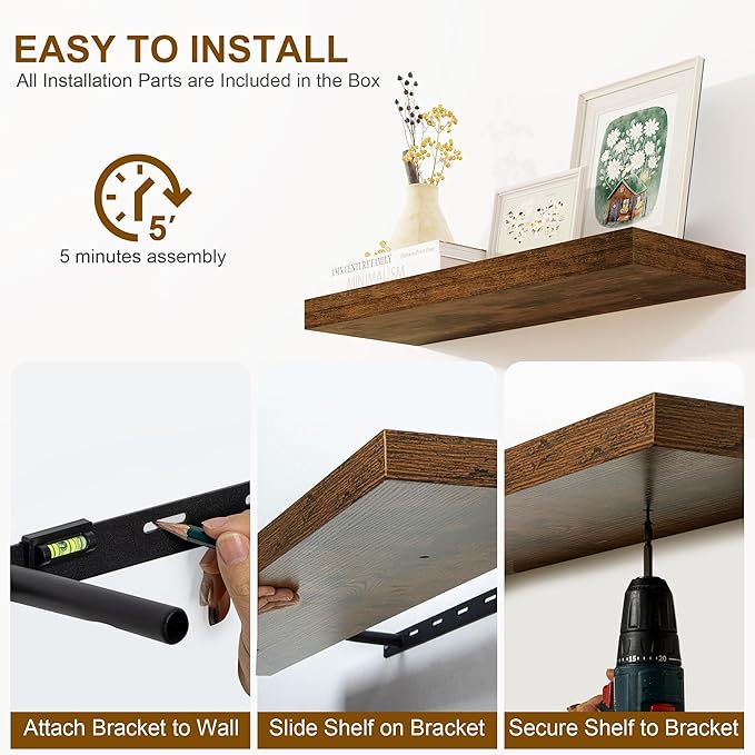 Fun Memories Floating Shelves for Wall, 48Inch Long Floating Shelves Set of 1, Hanging Shelf with Invisible Brackets, Wood Shelves for Living Room, Bedroom, Kitchen, Brown