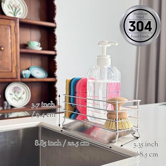 Sponge Holder for Kitchen Sink with Drip Tray | 304 Stainless Steel Sink Caddy | Kitchen Sink Organizer and Kitchen Sponge Holder | Rust Resistant Steel Frame Dish Caddy for Countertop