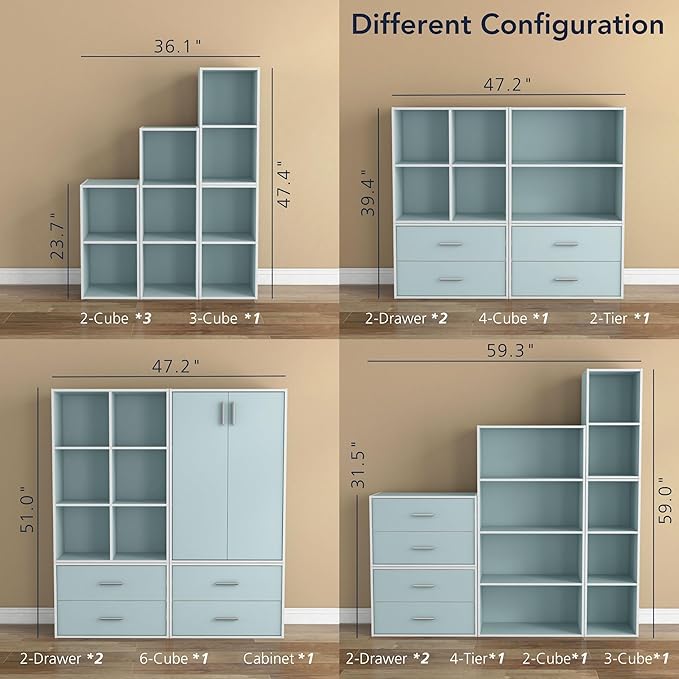 Homes: Inside + Out Apexa 6-Cube Storage Organizer Shelves, Stackable Wood Bookcase Fits Cubby Bins for Organization, Dorm Teen Room Decor & Home Office, Light Blue