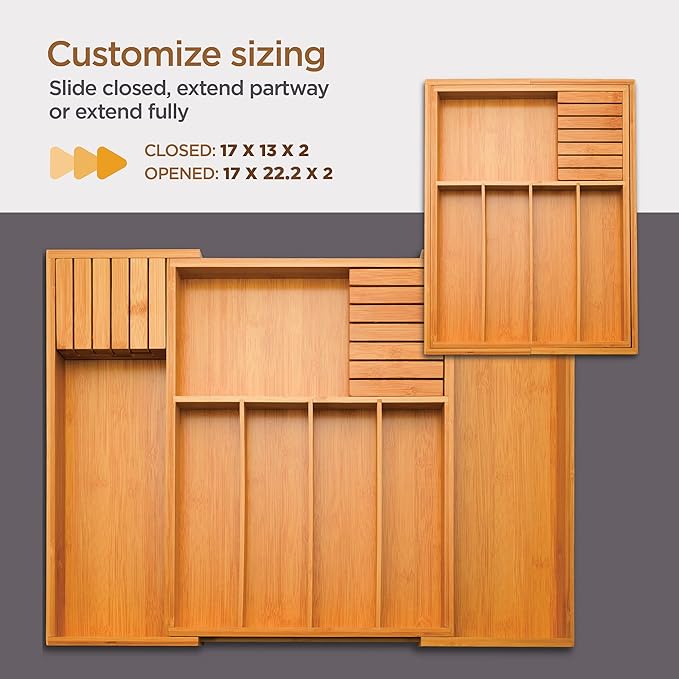 Expandable Drawer Organizer with Knife Block - Bambusi Bamboo Kitchen Utensil & Silverware Organizer, Adjustable Cutlery Tray Divider for Flatware, 7 Compartment Large Drawer Organizer