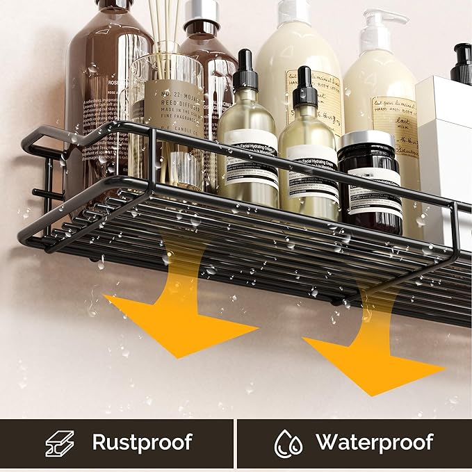 Orimade Adhesive Bathroom Shelf Organizer Shower Caddy Storage Basket Kitchen Spice Rack No Drilling SUS304 Stainless Steel Rustproof, 15.75 inch, Black
