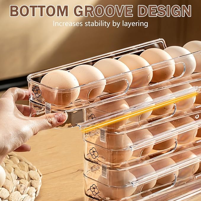 Egg Holder for Fridge 2 Tier Automatic Scrolling Egg Storage Clear Stackable Refrigerator Organizer Space Saving Kitchen Fridge Container for Home Restaurant Dispenser