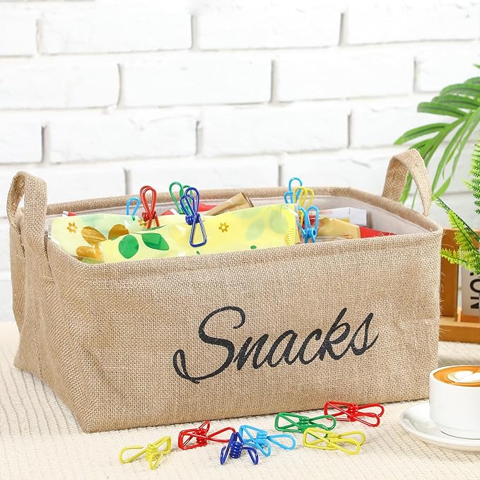 17 Pcs Snack Basket Sets, Snack Storage Bin for Pantry Shelves with 16 Pcs 2 Inch Chip Clips, Basket Organizer for Kitchen Home, Chips, Popcorn, Candy, Pretzels(Burlap,Khaki)