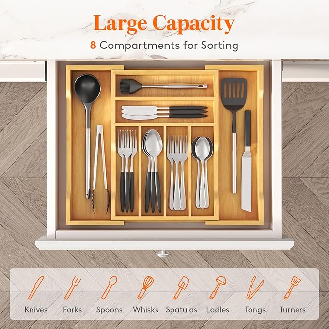 Lifewit Silverware Drawer Organizer, Expandable Utensil Tray for Kitchen, Bamboo Flatware and Cutlery Holder, Wood Adjustable Storage for Spoons Forks Knives, 28- 47 x 38cm, Natural